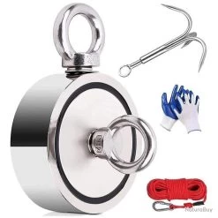 Aimant De Pêche Néodyme Puissant Double Faces Combiné 770KG Avec 20m Corde Gants Grappin Mousqueton