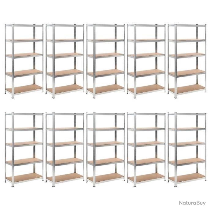 Lot De 10 étagères De Rangement Charge Lourde Robuste Atelier Garage Outils 90 X 40 X 180 Cm Argent