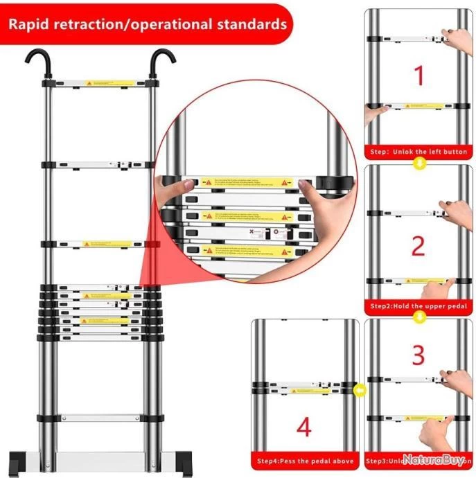 Échelle Télescopique 2.60M Compact Avec Crochets En Alu Max 150KG Bricolage Maison Jardin Forêt 3 Échelle Télescopique 2.60M Compact Avec Crochets En Alu Max 150KG Bricolage Maison Jardin Forêt – Image 3