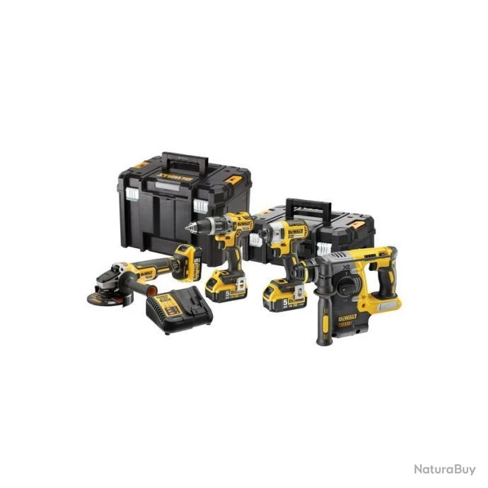 DeWALT Pack 4 Outils XR 18V 5Ah Li-Ion Brushless Perceuse Visseuse Meuleuse Perforateur Avec Coffret T-STAK 1 DeWALT Pack 4 Outils XR 18V 5Ah Li-Ion Brushless Perceuse Visseuse Meuleuse Perforateur Avec Coffret T-STAK