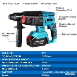 Perceuse Percussion Perforateur Multifonction Moteur Brushless 1680 W 18 V Perçage 26mm Haute Qualit -Des outils pour votre vie. 00004 Perceuse Percussion Perforateur Multifonction Moteur Brushless 1680 W 18 V Percage 26mm Haute Qualit