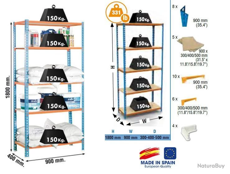SimonRack - Etagère De Rangement 1800x900x400mm Bleu Orange Bois Charge 150Kg - Maderclick 5/400 Si