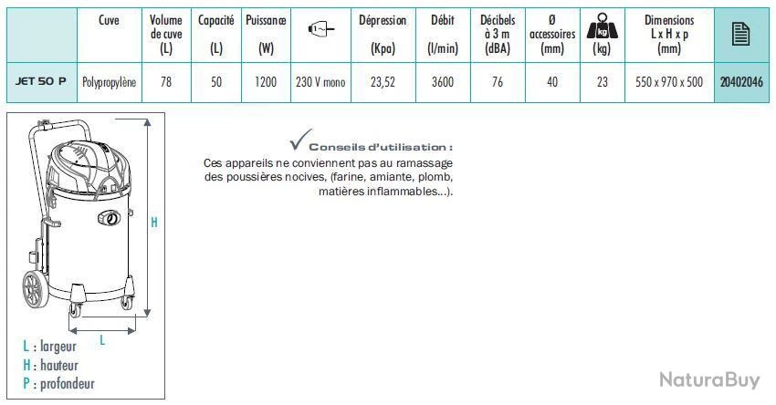 Aspirateur Pro Eau Et Poussières Cuve Polypropylène 78l 1200w + Accessoires Jet 50 P Sidamo 2 Aspirateur Pro Eau Et Poussières Cuve Polypropylène 78l 1200w + Accessoires Jet 50 P Sidamo – Image 2