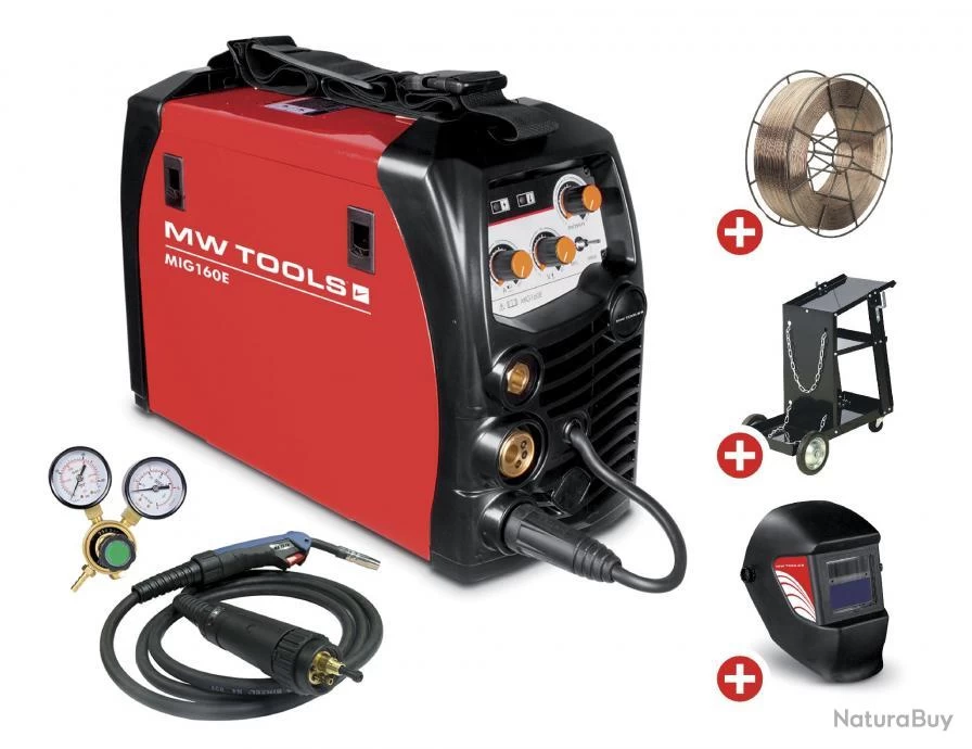 Pack POSTE À SOUDER ONDULEUR MIG-MAG-FLUX 160A - MANOMÈTRE INCLUS + Casque + Chariot + Bobine De Fi 1 Pack POSTE À SOUDER ONDULEUR MIG-MAG-FLUX 160A - MANOMÈTRE INCLUS + Casque + Chariot + Bobine De Fi